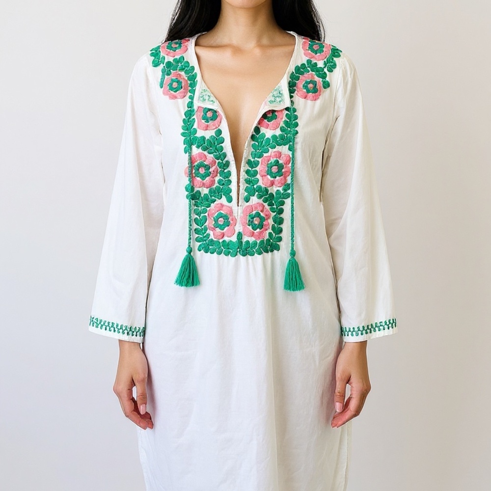 J.Crew Embroidered Linen Cotton Tunic Cover-Up Dress White Floral Tassel Size M
